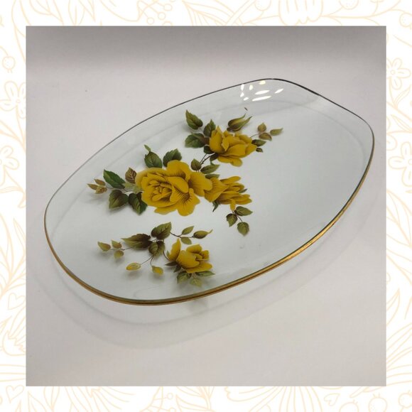 Vintage Mid Century Pilkington Chance Glass Dish With Yellow Roses - Picture 2 of 3